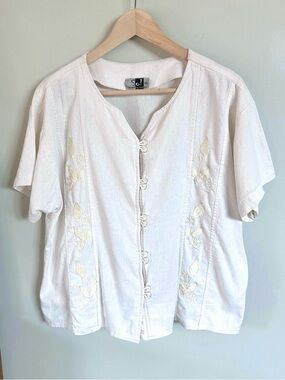 Sol Mexico XL Linen Rayon Embroidered Blouse White Floral Vintage